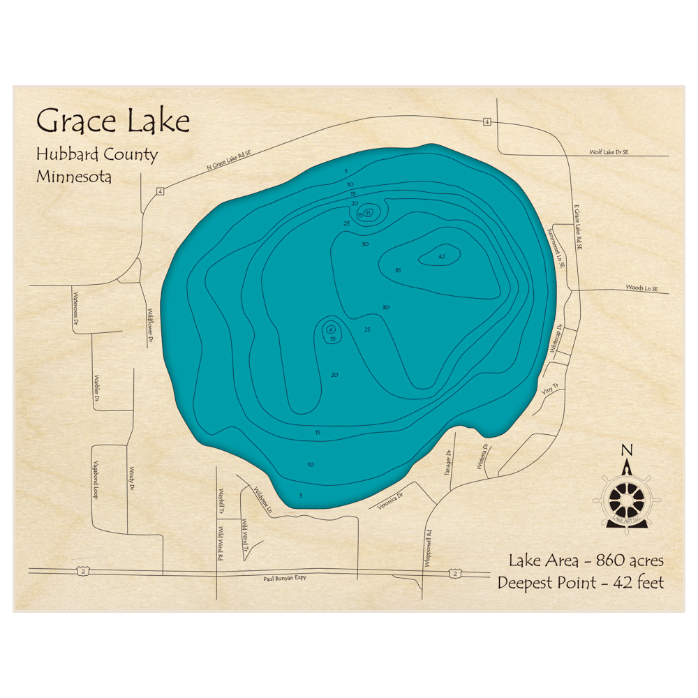 Bathymetric topo map of Grace Lake with roads, towns and depths noted in blue water