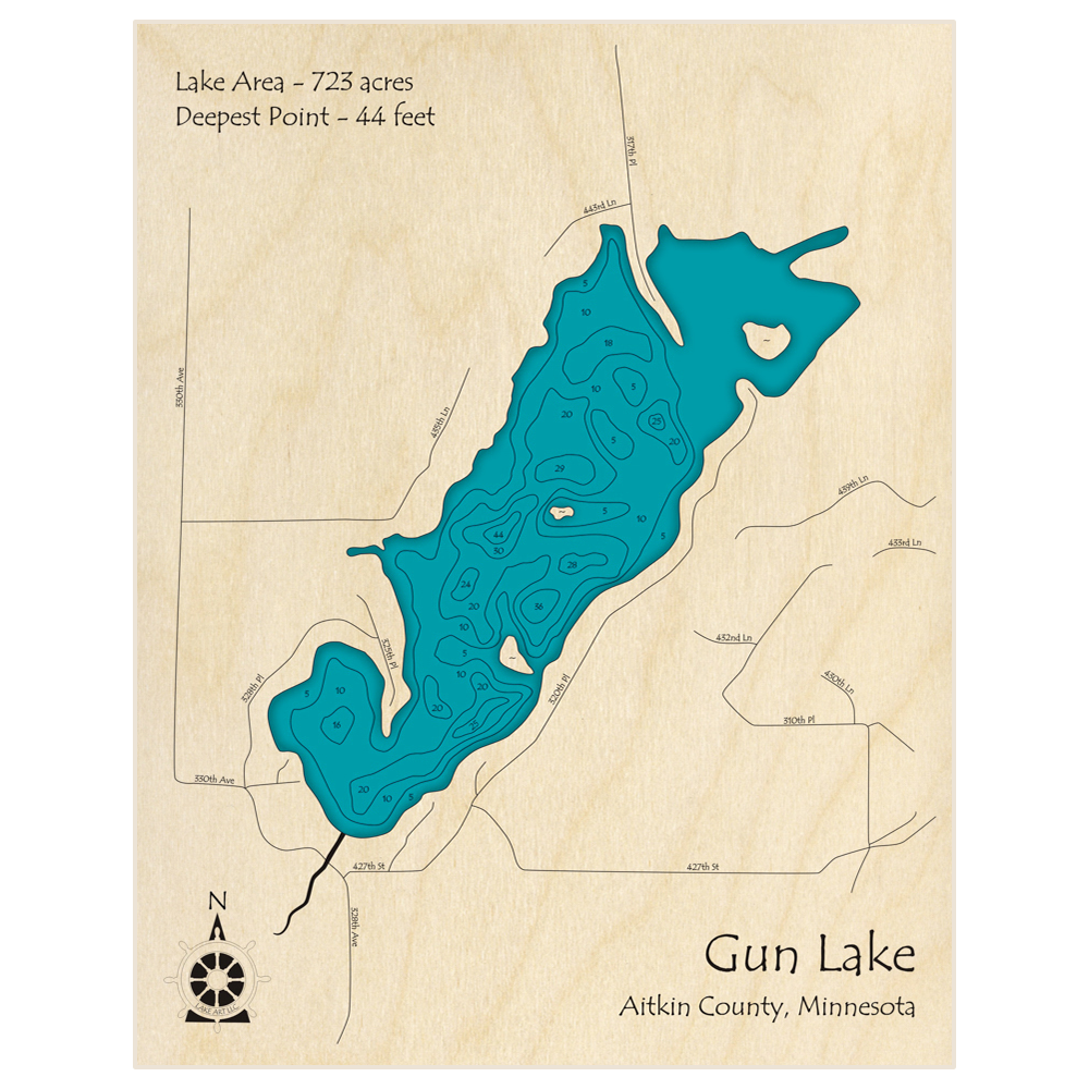 Bathymetric topo map of Gun Lake with roads, towns and depths noted in blue water