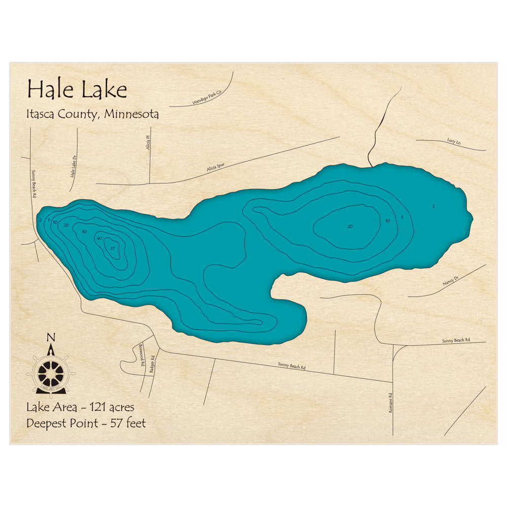 Bathymetric topo map of Hale Lake (Near Blackberry) with roads, towns and depths noted in blue water