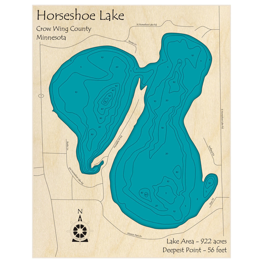 Bathymetric topo map of Horseshoe Lake with roads, towns and depths noted in blue water