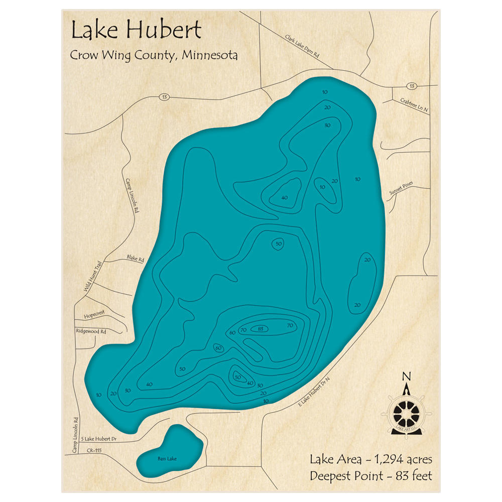 Bathymetric topo map of Lake Hubert with roads, towns and depths noted in blue water