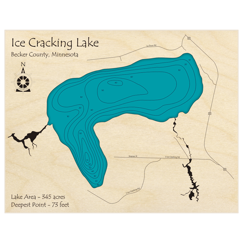 Bathymetric topo map of Ice Cracking Lake with roads, towns and depths noted in blue water