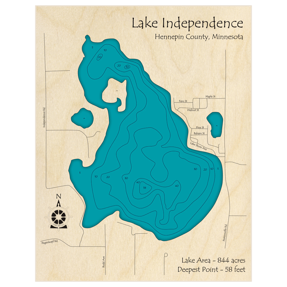 Bathymetric topo map of Lake Independence with roads, towns and depths noted in blue water