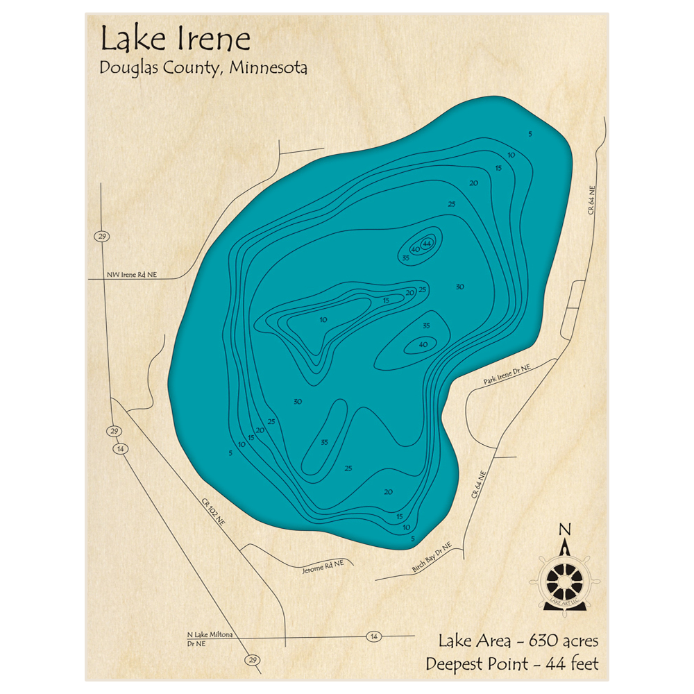 Bathymetric topo map of Lake Irene with roads, towns and depths noted in blue water