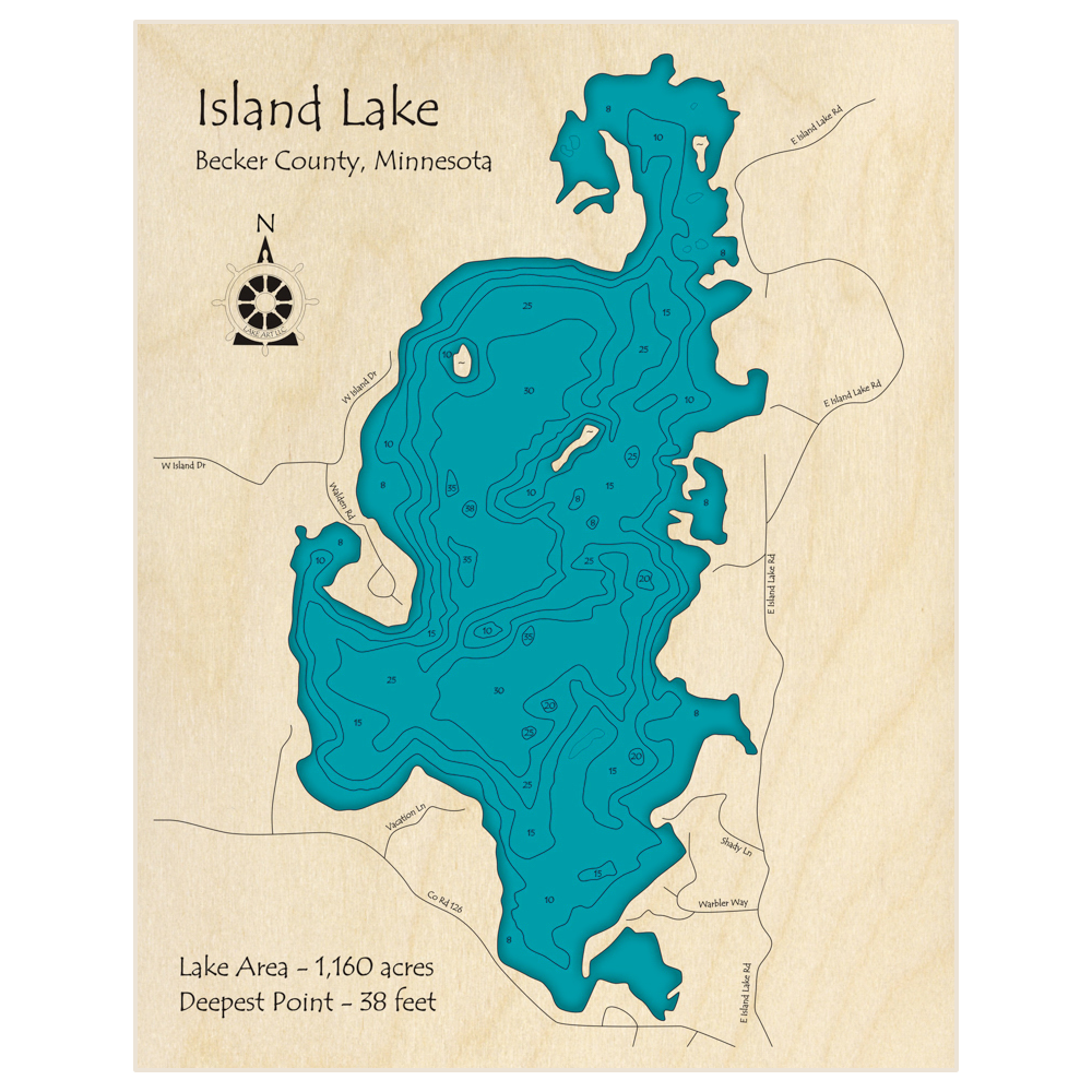 Bathymetric topo map of Island Lake with roads, towns and depths noted in blue water