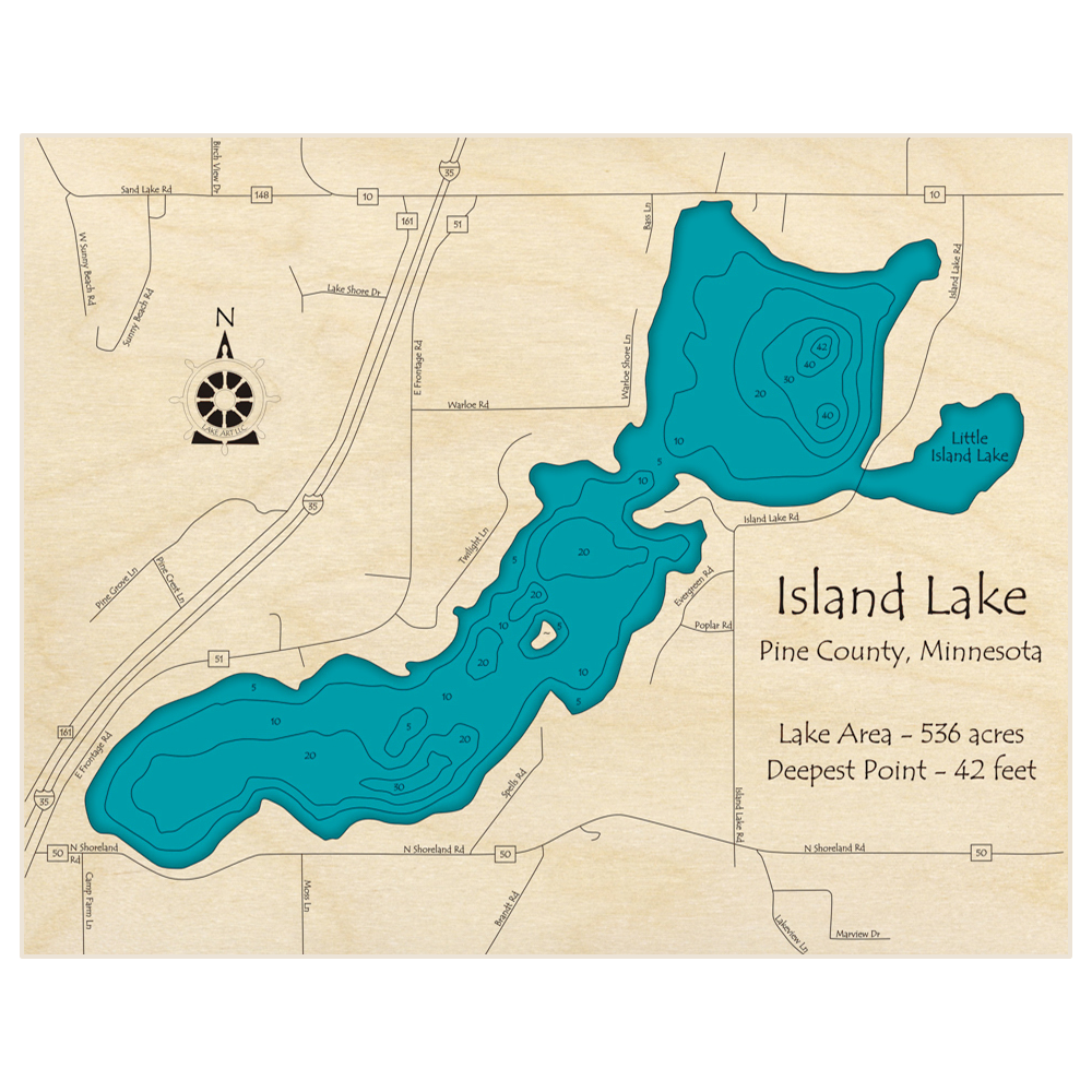 Bathymetric topo map of Island Lake with roads, towns and depths noted in blue water