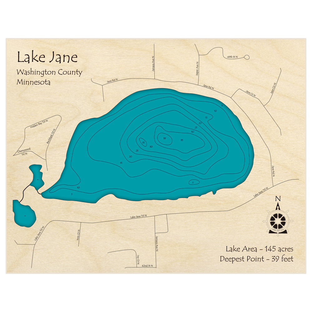 Bathymetric topo map of Lake Jane with roads, towns and depths noted in blue water