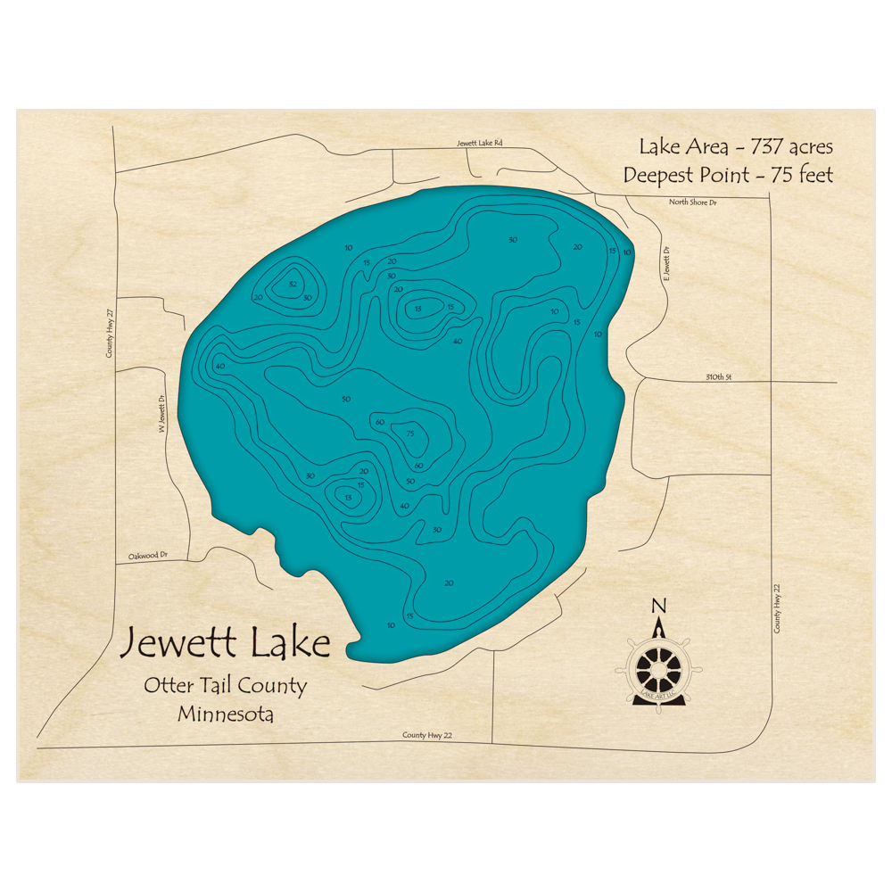 Bathymetric topo map of Jewett Lake with roads, towns and depths noted in blue water