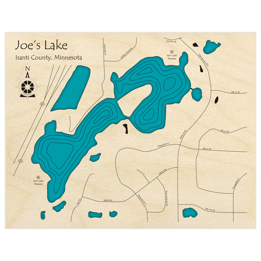 Bathymetric topo map of Joes Lake with roads, towns and depths noted in blue water