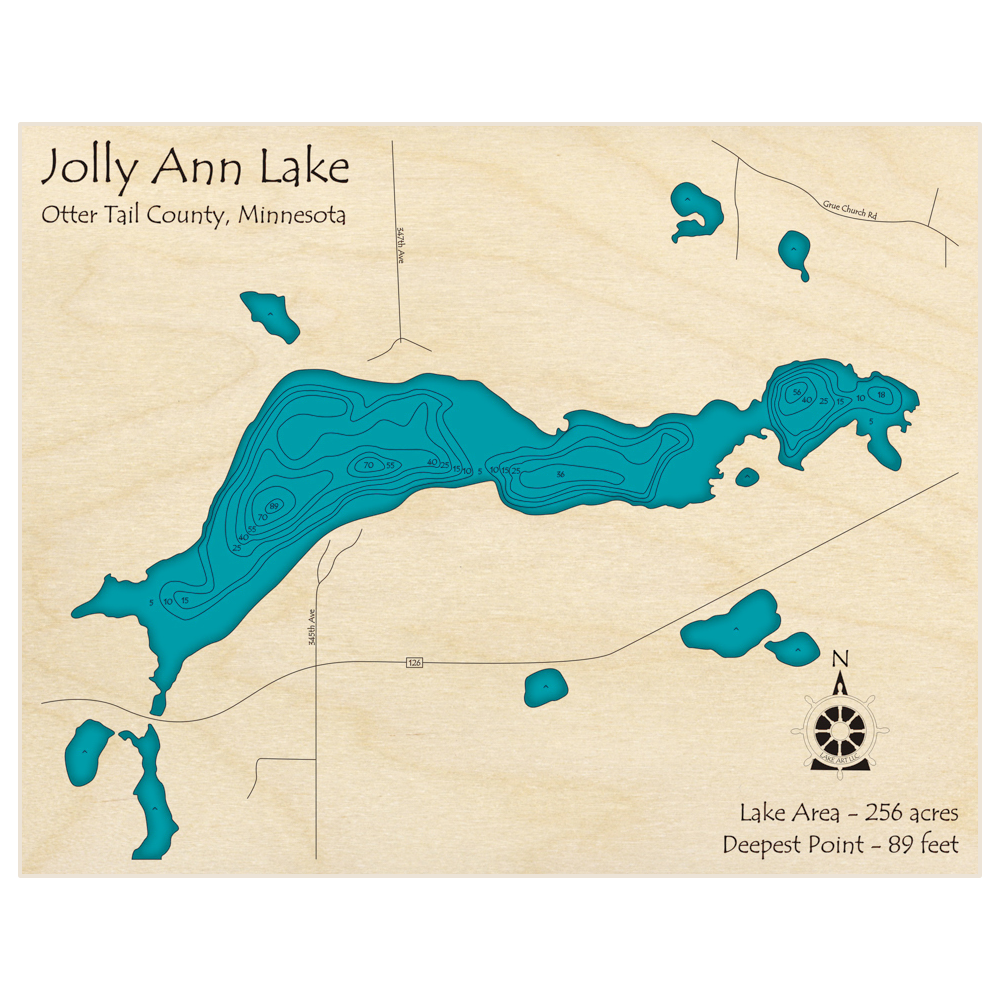 Bathymetric topo map of Jolly Ann Lake with roads, towns and depths noted in blue water