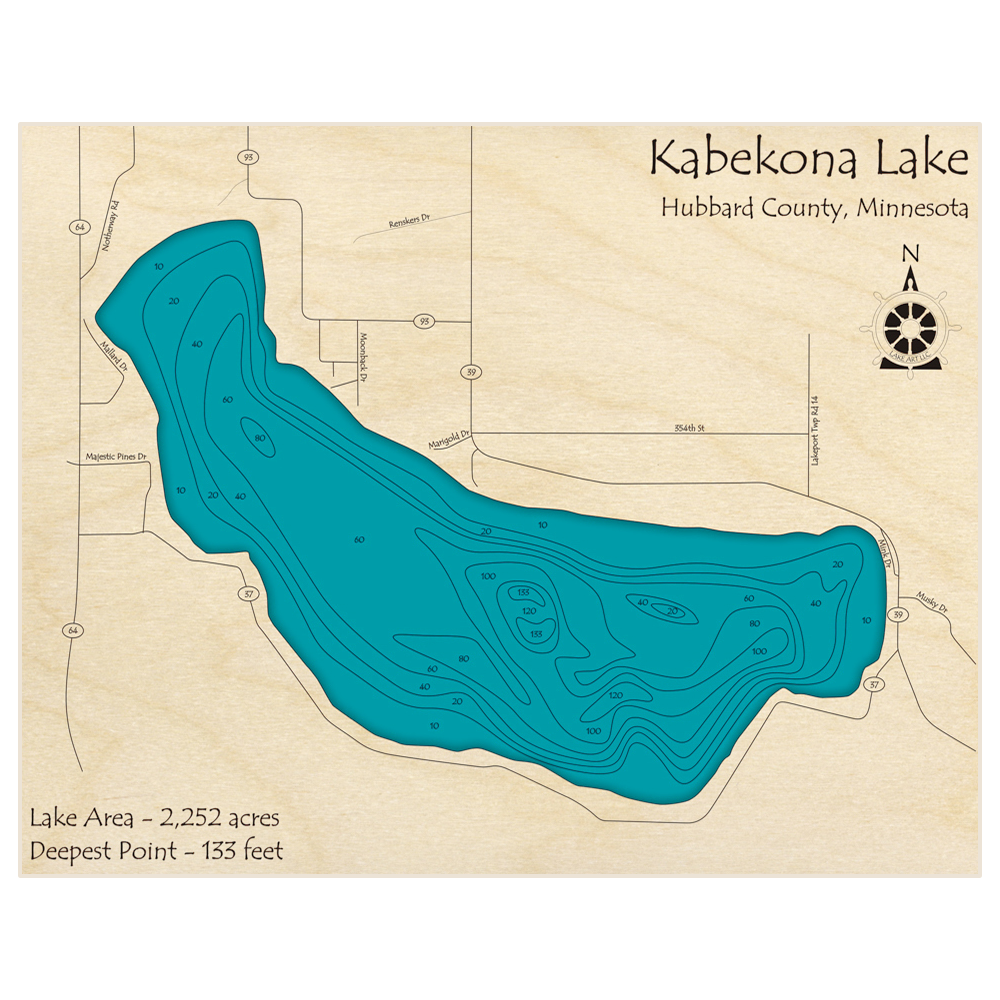 Bathymetric topo map of Kabekona Lake with roads, towns and depths noted in blue water