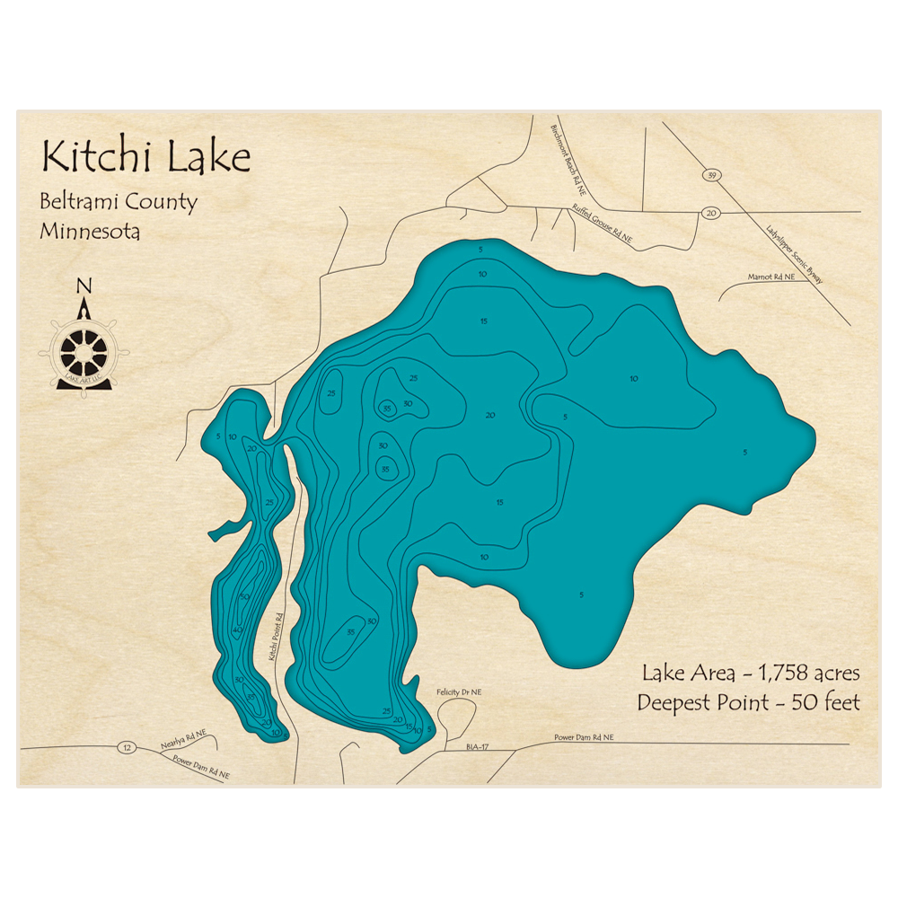 Bathymetric topo map of Kitchi Lake with roads, towns and depths noted in blue water