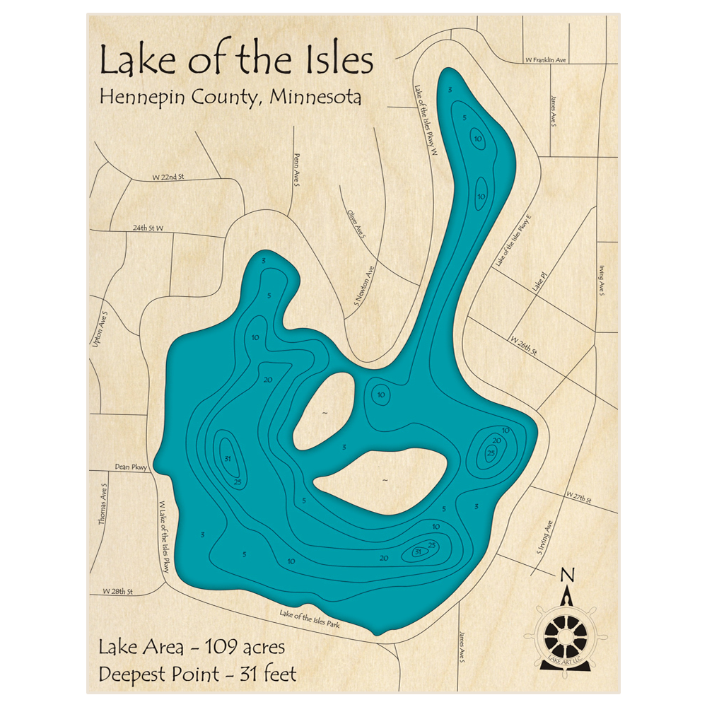 Bathymetric topo map of Lake of the Isles with roads, towns and depths noted in blue water