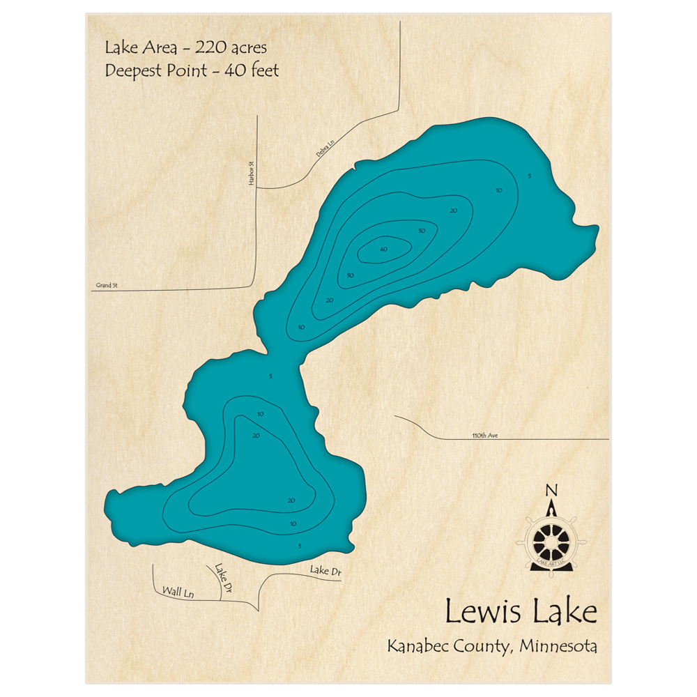 Bathymetric topo map of Lewis Lake with roads, towns and depths noted in blue water