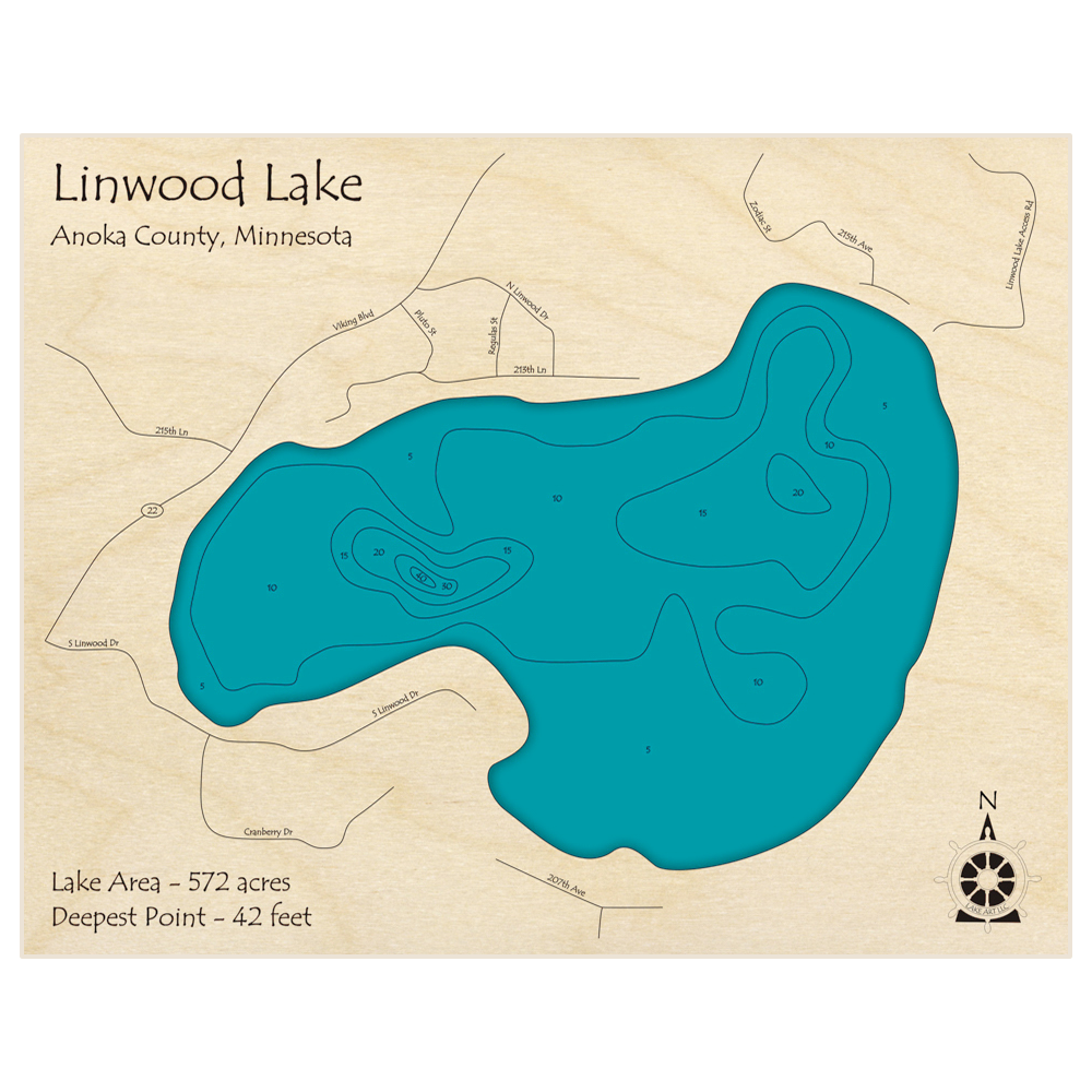 Bathymetric topo map of Linwood Lake with roads, towns and depths noted in blue water