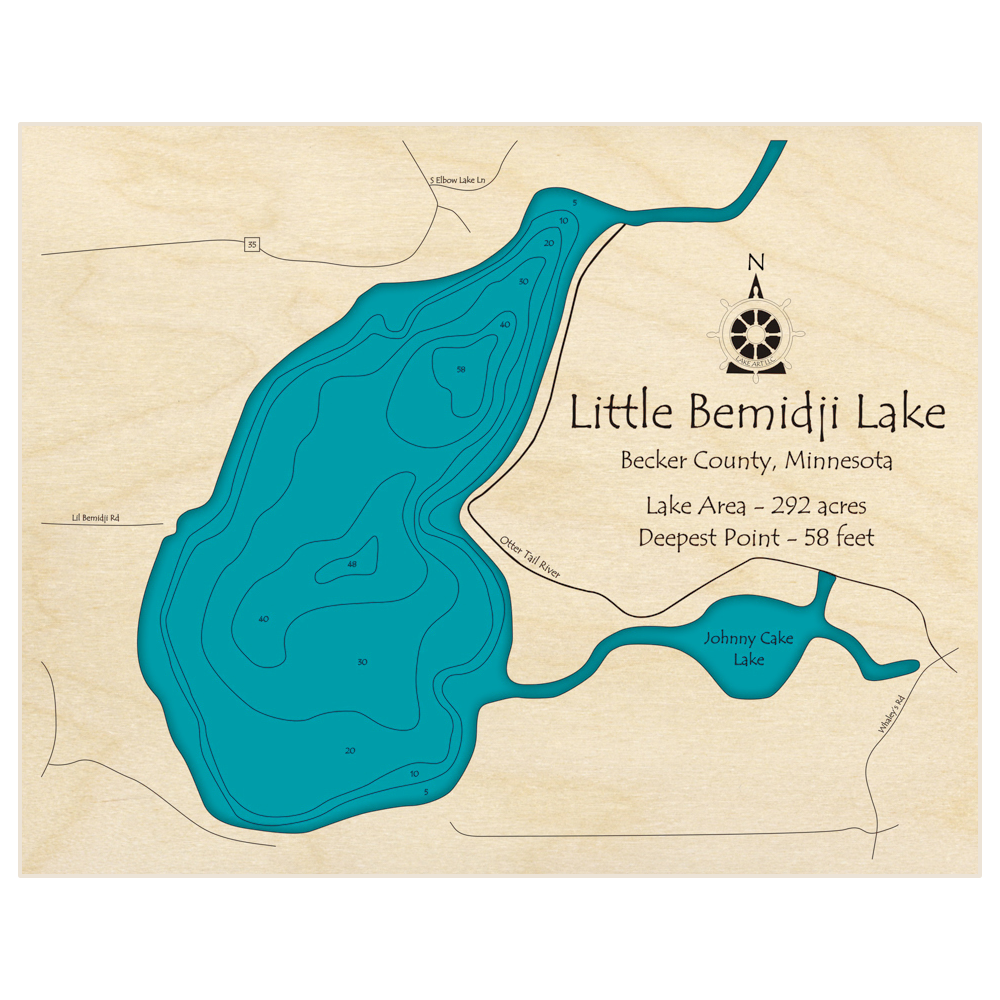 Bathymetric topo map of Little Lake Bemidji with roads, towns and depths noted in blue water