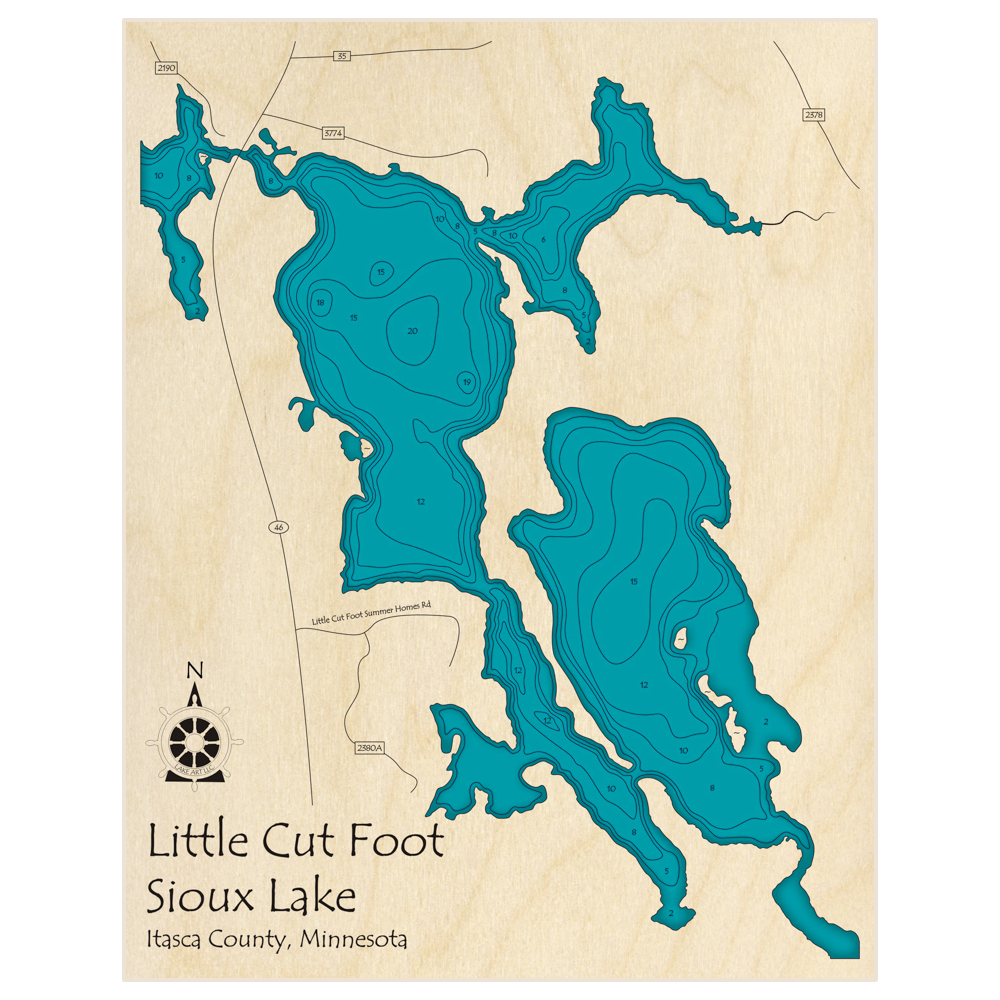 Bathymetric topo map of Little Cut Foot Sioux Lake with roads, towns and depths noted in blue water