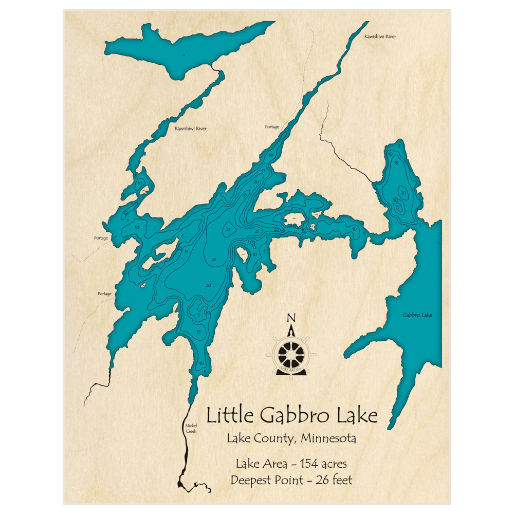 Bathymetric topo map of Little Gabbro Lake with roads, towns and depths noted in blue water