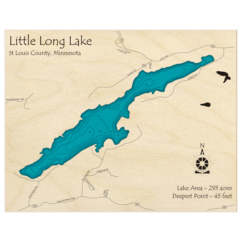 Bathymetric topo map of Little Long Lake with roads, towns and depths noted in blue water