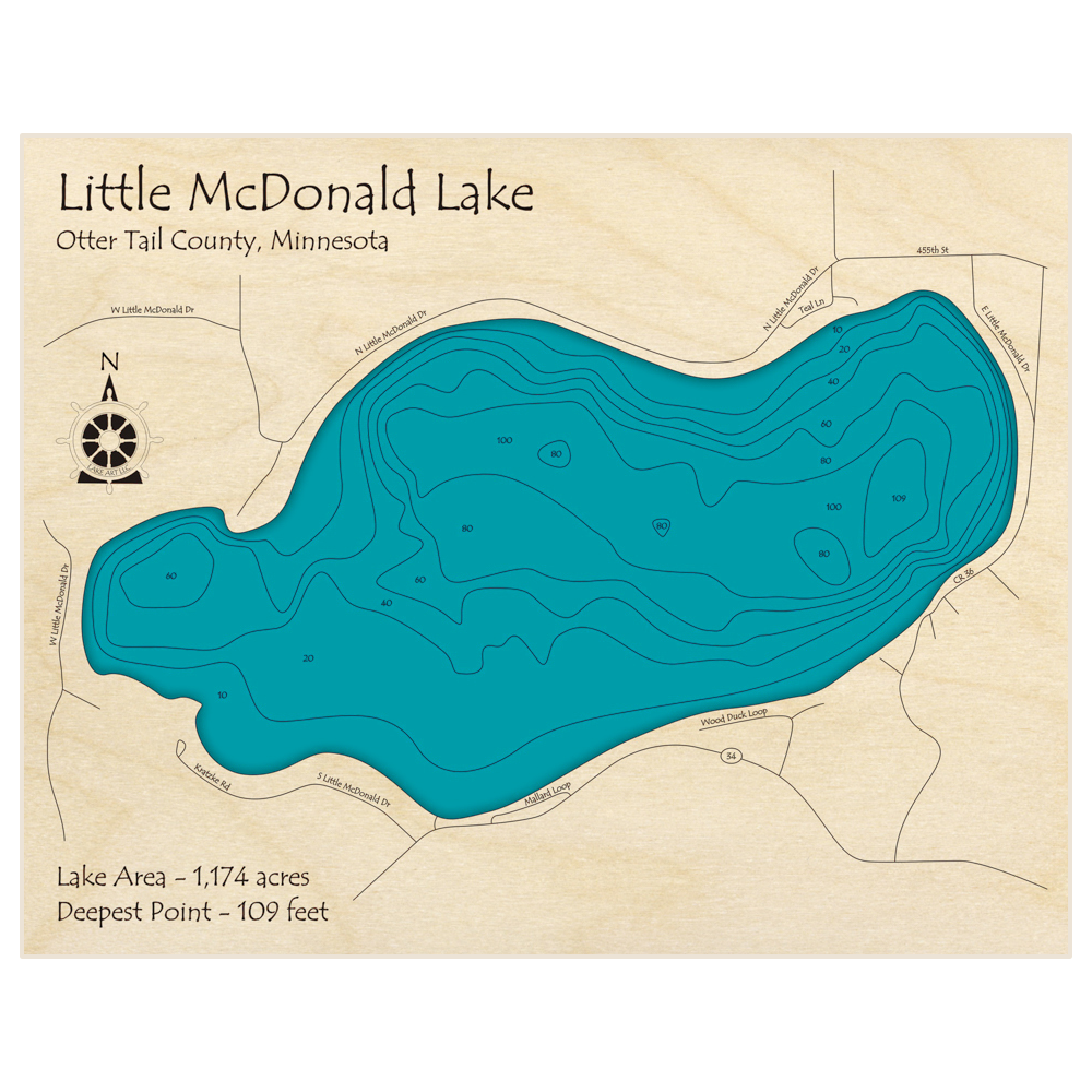 Bathymetric topo map of McDonald Lake (Little) with roads, towns and depths noted in blue water