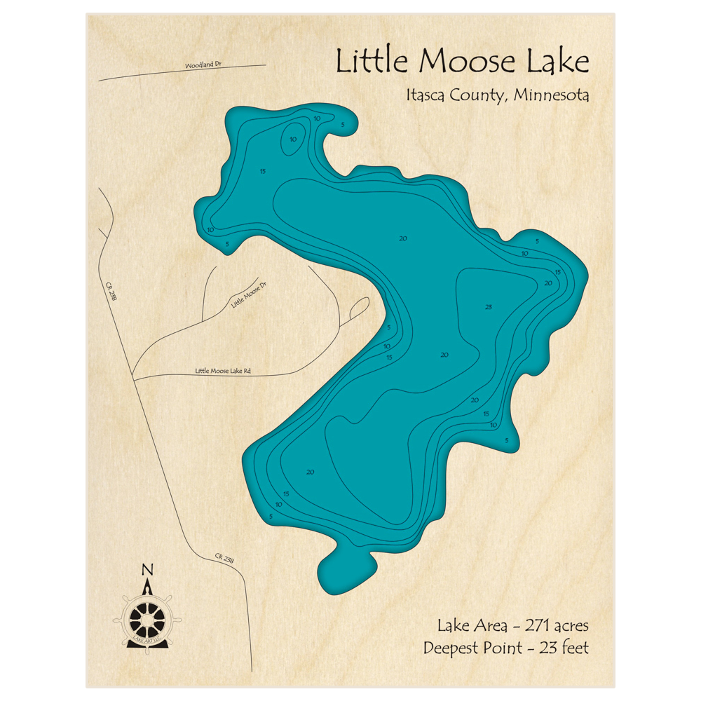 Bathymetric topo map of Little Moose Lake with roads, towns and depths noted in blue water