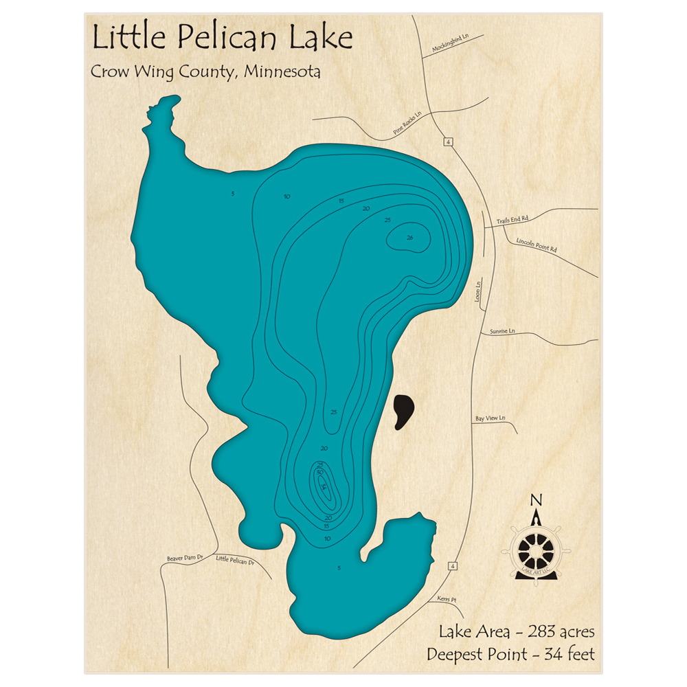 Bathymetric topo map of Little Pelican with roads, towns and depths noted in blue water