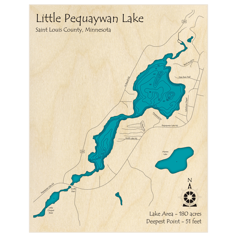 Bathymetric topo map of Little Pequaywan Lake with roads, towns and depths noted in blue water