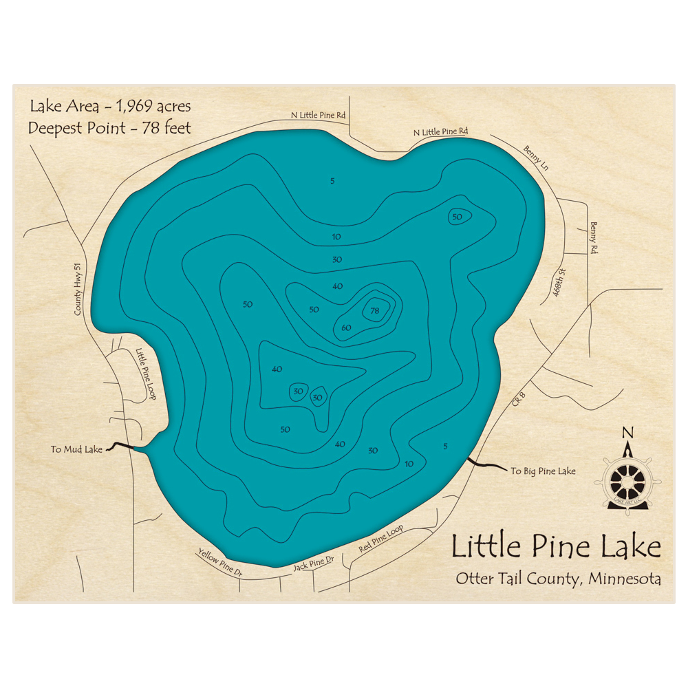 Bathymetric topo map of Little Pine Lake with roads, towns and depths noted in blue water