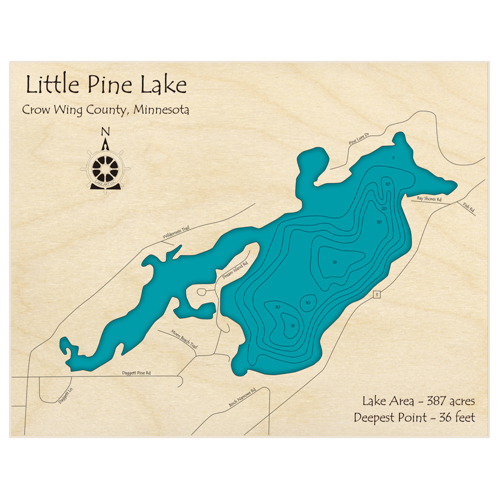 Bathymetric topo map of Little Pine Lake (near Cross Lake) with roads, towns and depths noted in blue water