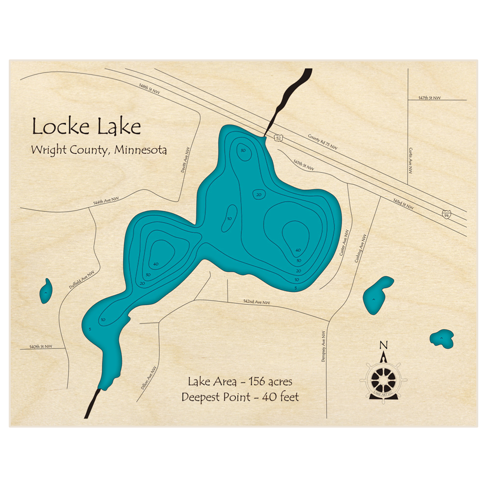 Bathymetric topo map of Locke Lake with roads, towns and depths noted in blue water