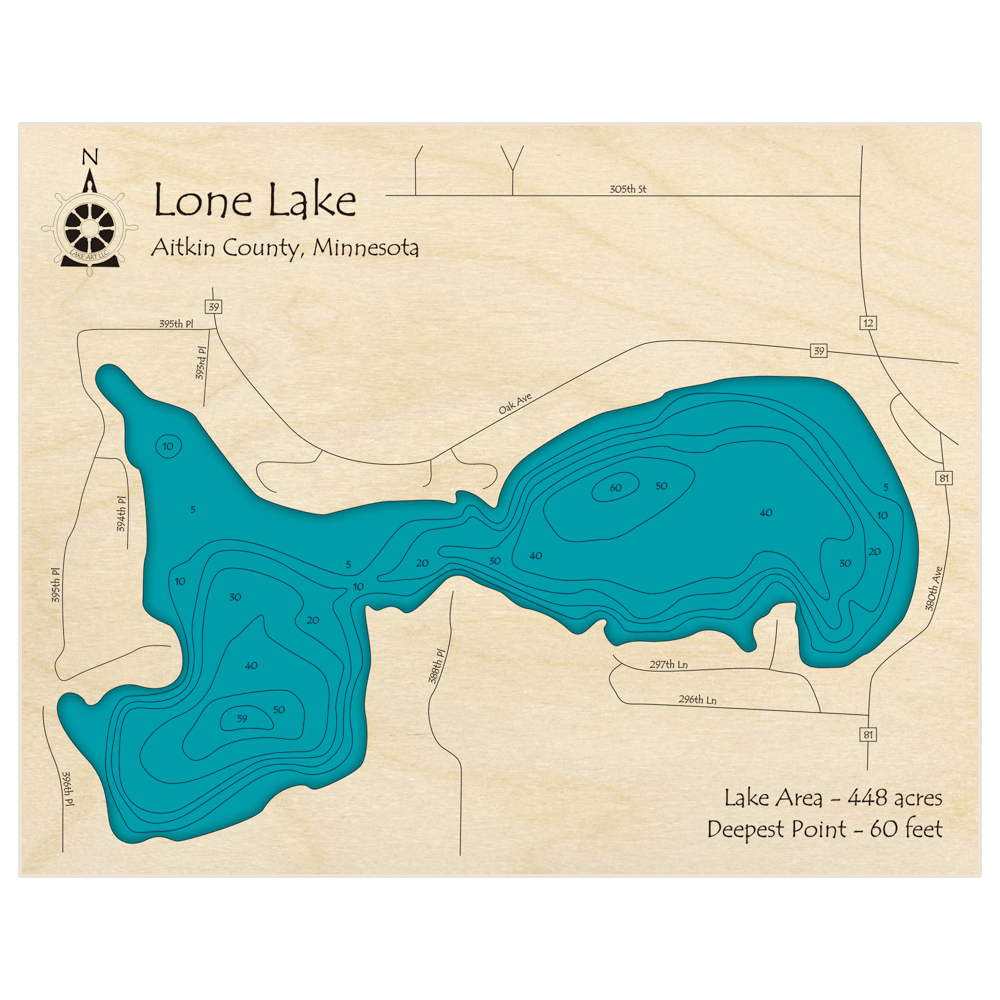 Lone Lake 3D Custom Wood Map – Lake Art LLC