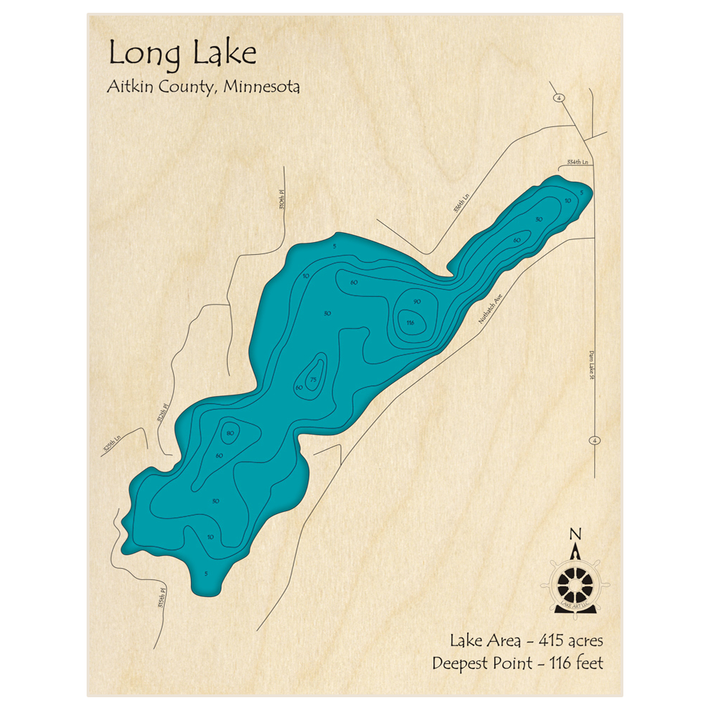 Bathymetric topo map of Long Lake with roads, towns and depths noted in blue water