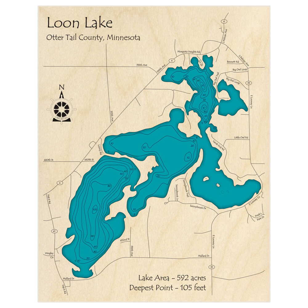 Bathymetric topo map of Loon Lake (near Vergas) with roads, towns and depths noted in blue water