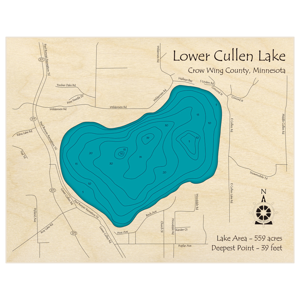 Bathymetric topo map of Cullen Lake (Lower) with roads, towns and depths noted in blue water