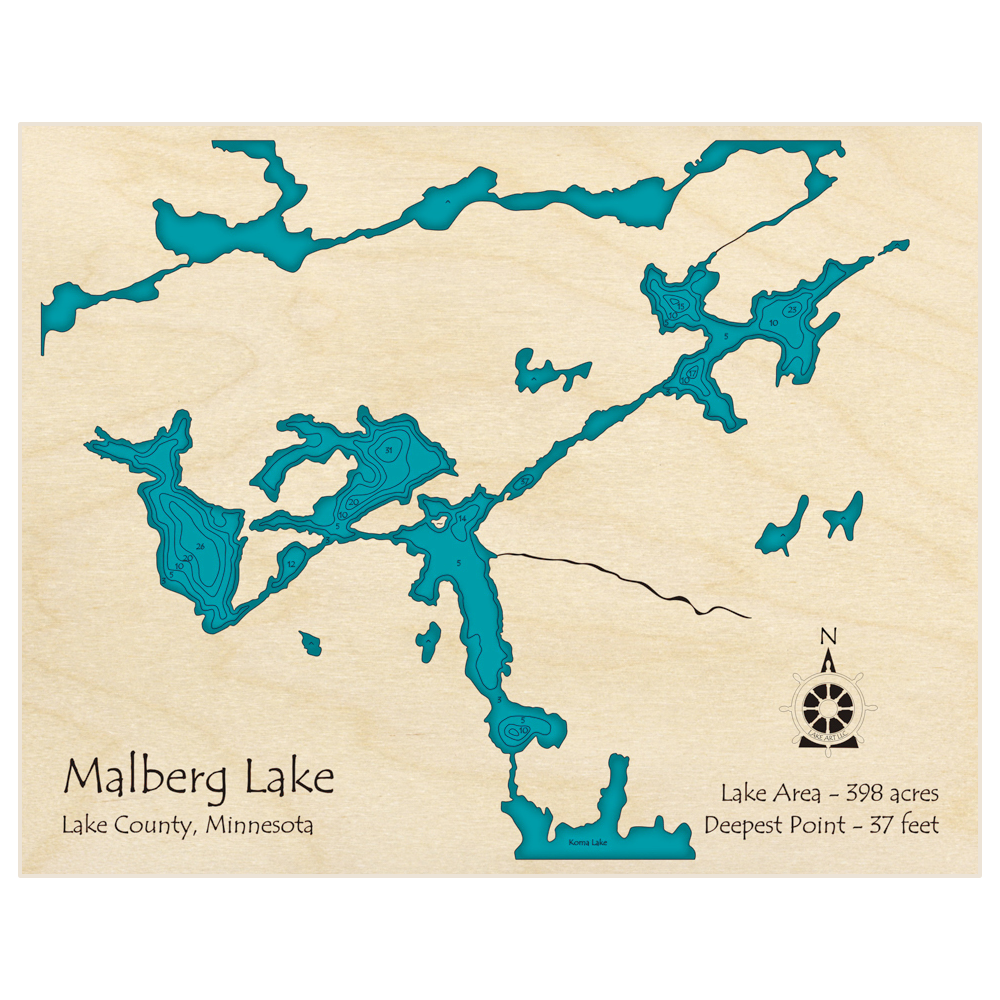 Bathymetric topo map of Malberg Lake with roads, towns and depths noted in blue water