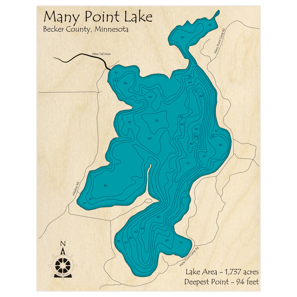 Bathymetric topo map of Many Point Lake with roads, towns and depths noted in blue water