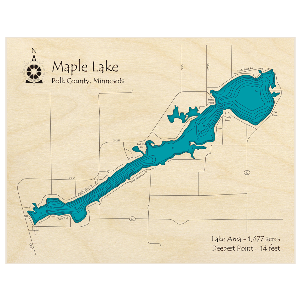 Bathymetric topo map of Maple Lake with roads, towns and depths noted in blue water