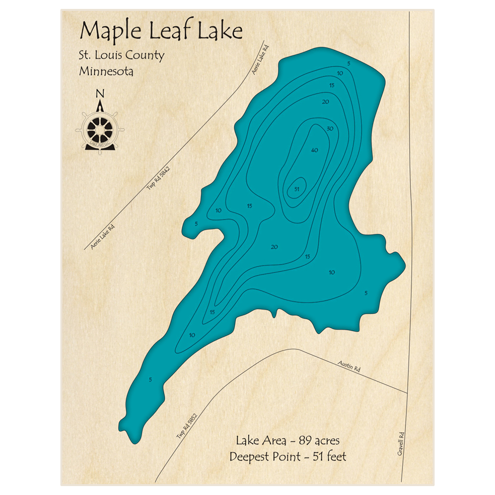 Bathymetric topo map of Maple Leaf Lake with roads, towns and depths noted in blue water