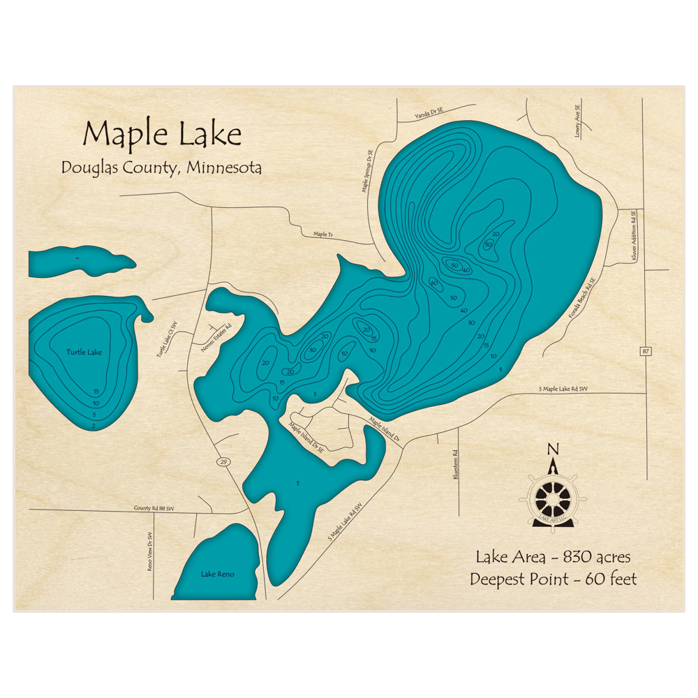 Bathymetric topo map of Maple Lake (near Forada) with roads, towns and depths noted in blue water