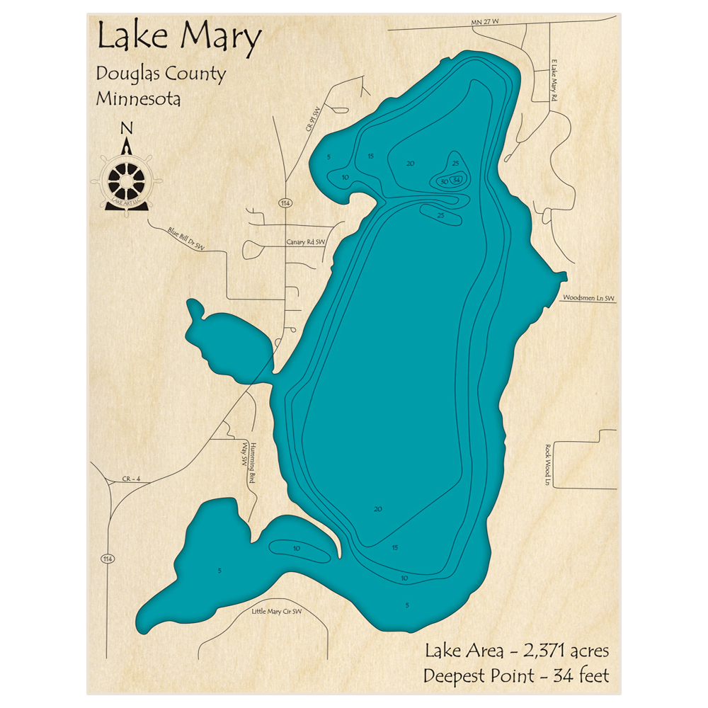 Bathymetric topo map of Lake Mary with roads, towns and depths noted in blue water