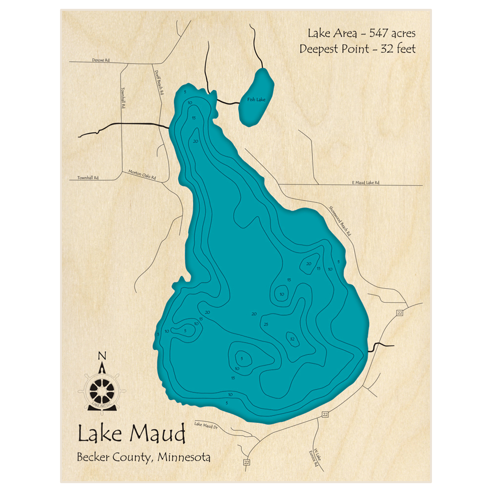 Bathymetric topo map of Maud Lake with roads, towns and depths noted in blue water