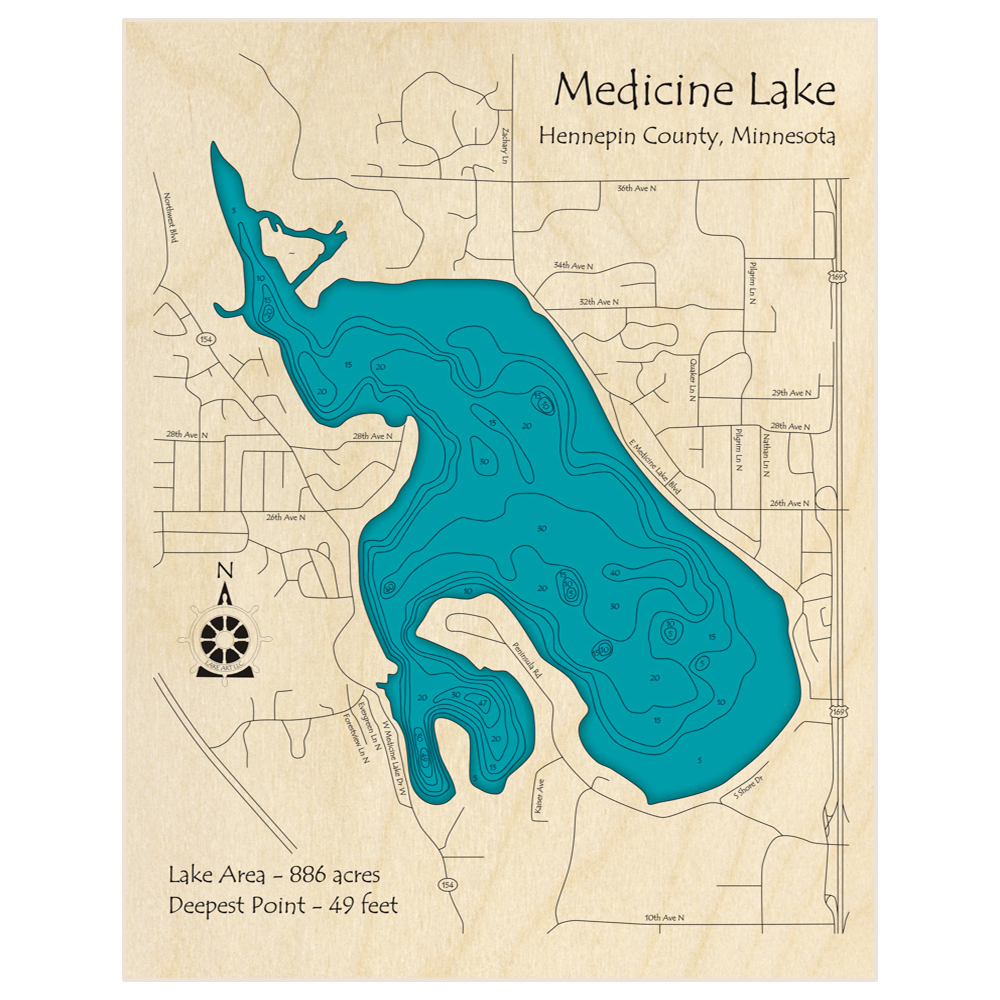 Bathymetric topo map of Medicine Lake with roads, towns and depths noted in blue water