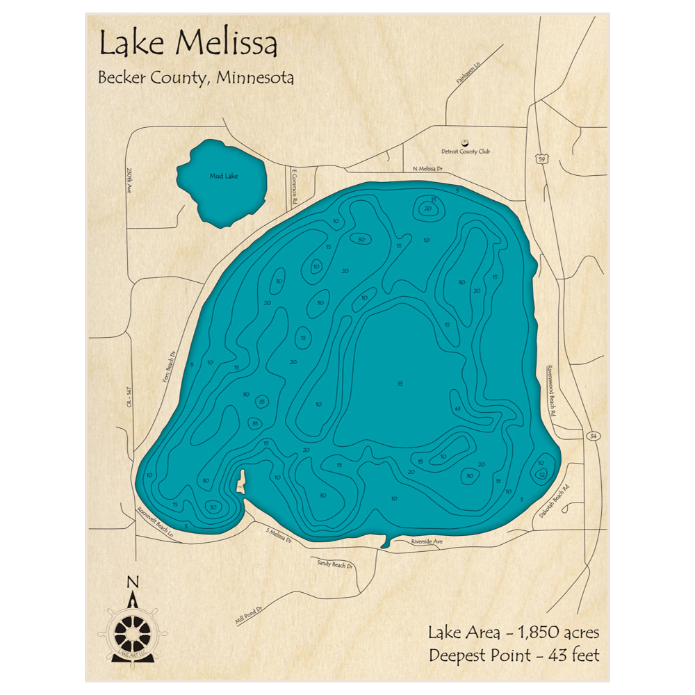 Bathymetric topo map of Lake Melissa with roads, towns and depths noted in blue water