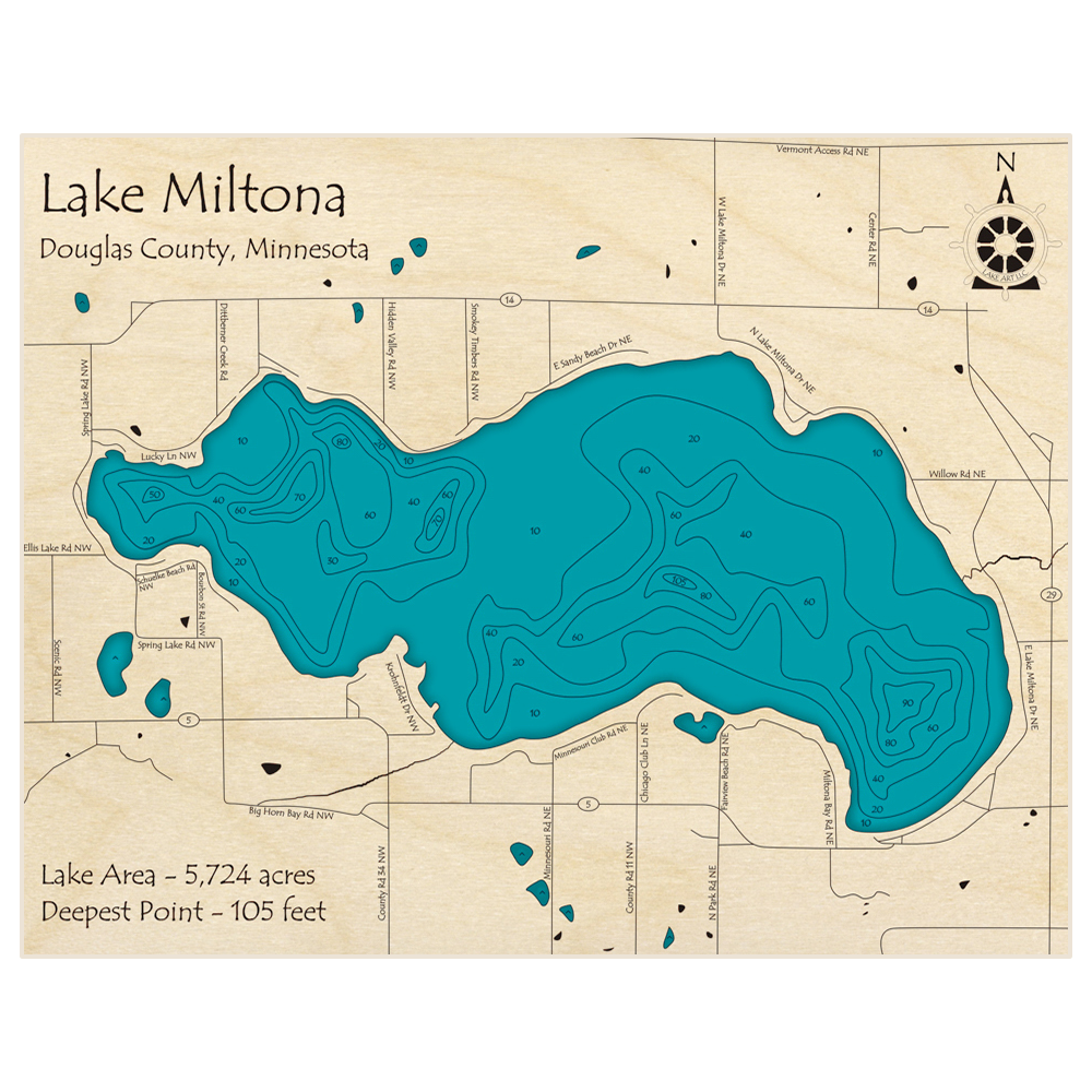 Bathymetric topo map of Lake Miltona with roads, towns and depths noted in blue water