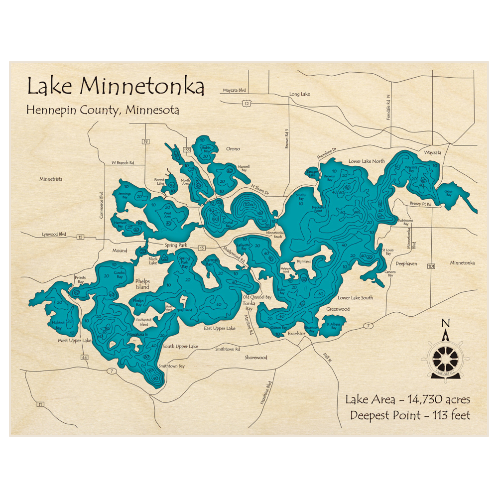 Bathymetric topo map of Lake Minnetonka with roads, towns and depths noted in blue water