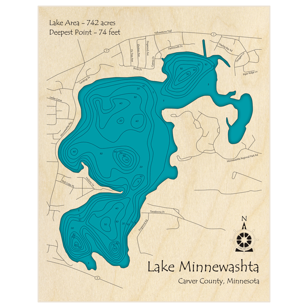 Bathymetric topo map of Lake Minnewashta with roads, towns and depths noted in blue water