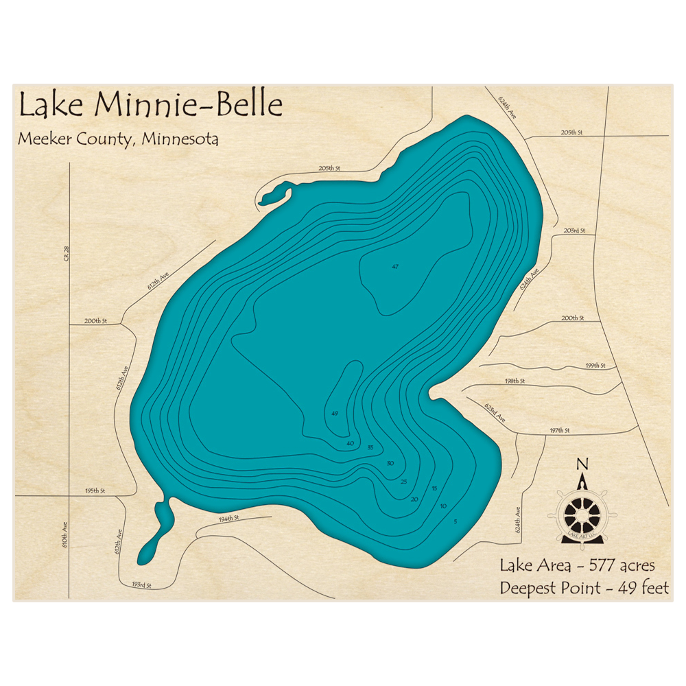 Bathymetric topo map of Lake Minnie Belle with roads, towns and depths noted in blue water