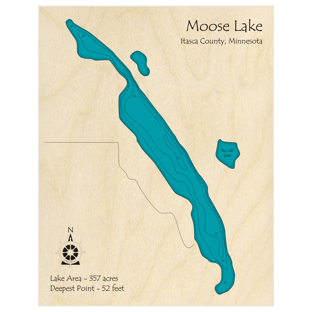 Bathymetric topo map of Moose Lake with roads, towns and depths noted in blue water