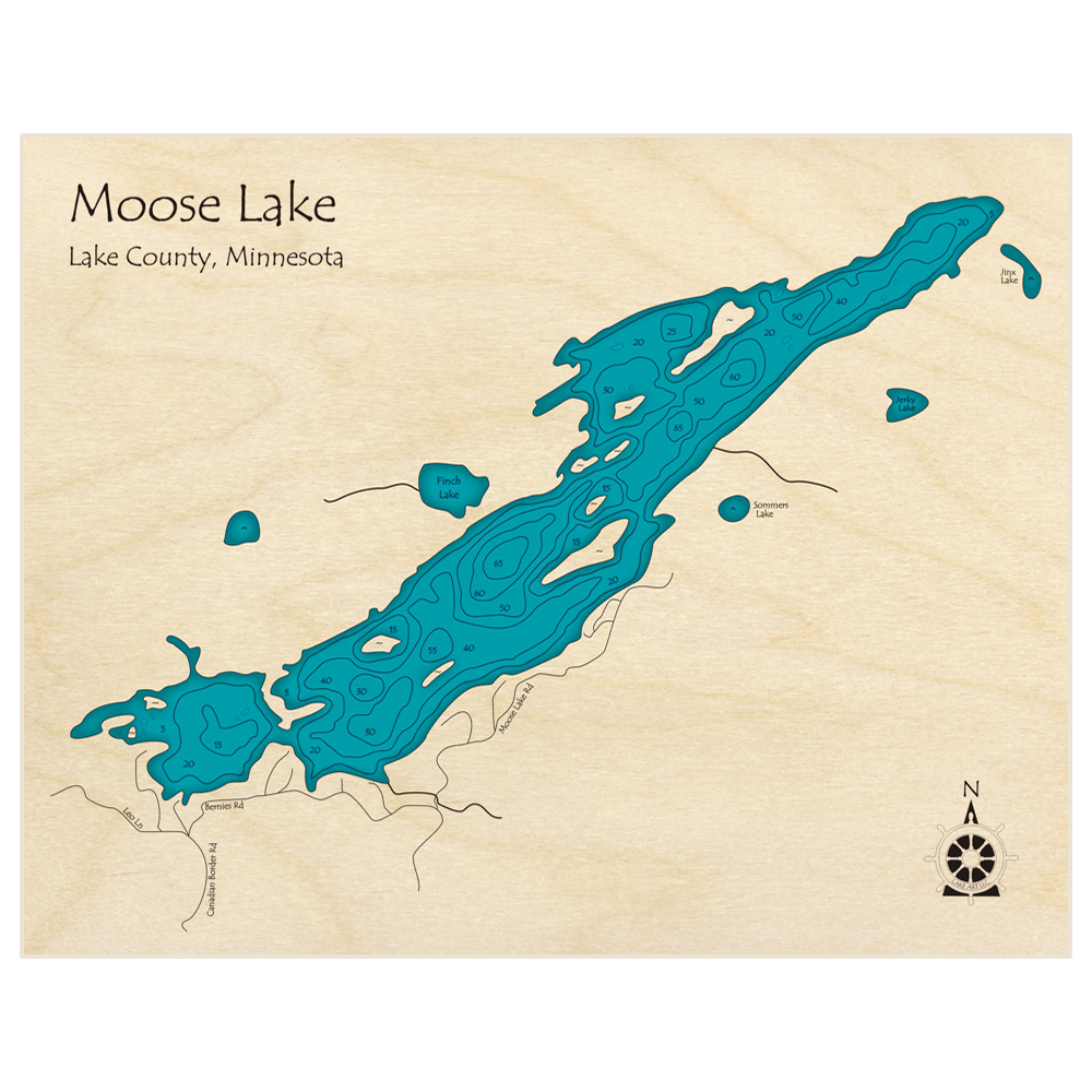 Bathymetric topo map of Moose Lake with roads, towns and depths noted in blue water