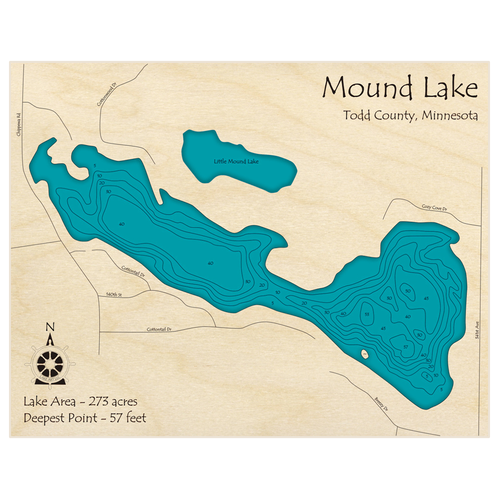 Bathymetric topo map of Mound Lake with roads, towns and depths noted in blue water